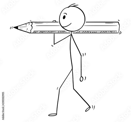 Cartoon stick man drawing conceptual illustration of businessman carrying big pencil. Business concept of paperwork and bureaucracy.