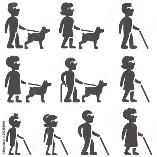 Glyph icons of blind people in different ages and gender / Glyph silhouettes without faces of blind girl and boy, man and woman, grandmother and grandfather with dog and cane, all in side view
