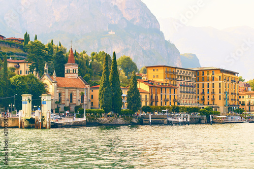 Beautiful view of Cadenabbia di Griante, a small town on the shore of the lake Como with the Anglican Church of the Ascension in Lombardy, Italy