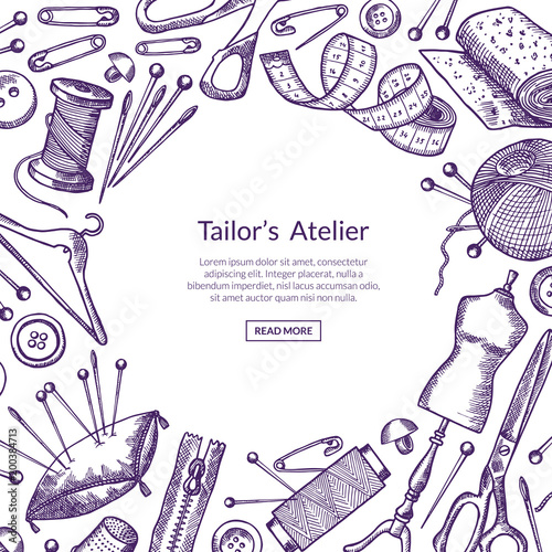 Vector hand drawn sewing elements background illustration
