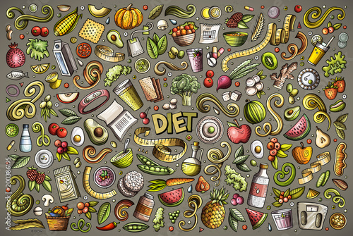 Vector doodles cartoon set of Diet food objects and elements