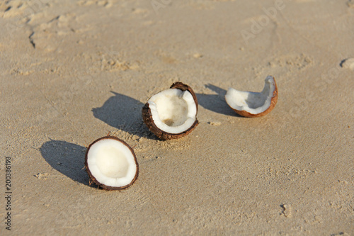 Obraz na płótnie An open brown coconut with white meat lies on the beach, on the sand