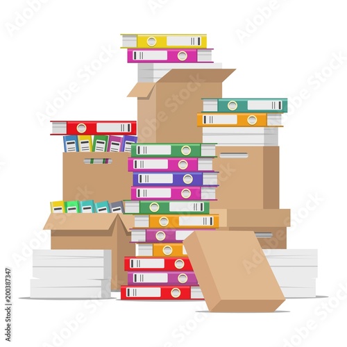 Unorganized files. Pile of unfinished business office documents isolated on white background, paperwork disarray vector illustration