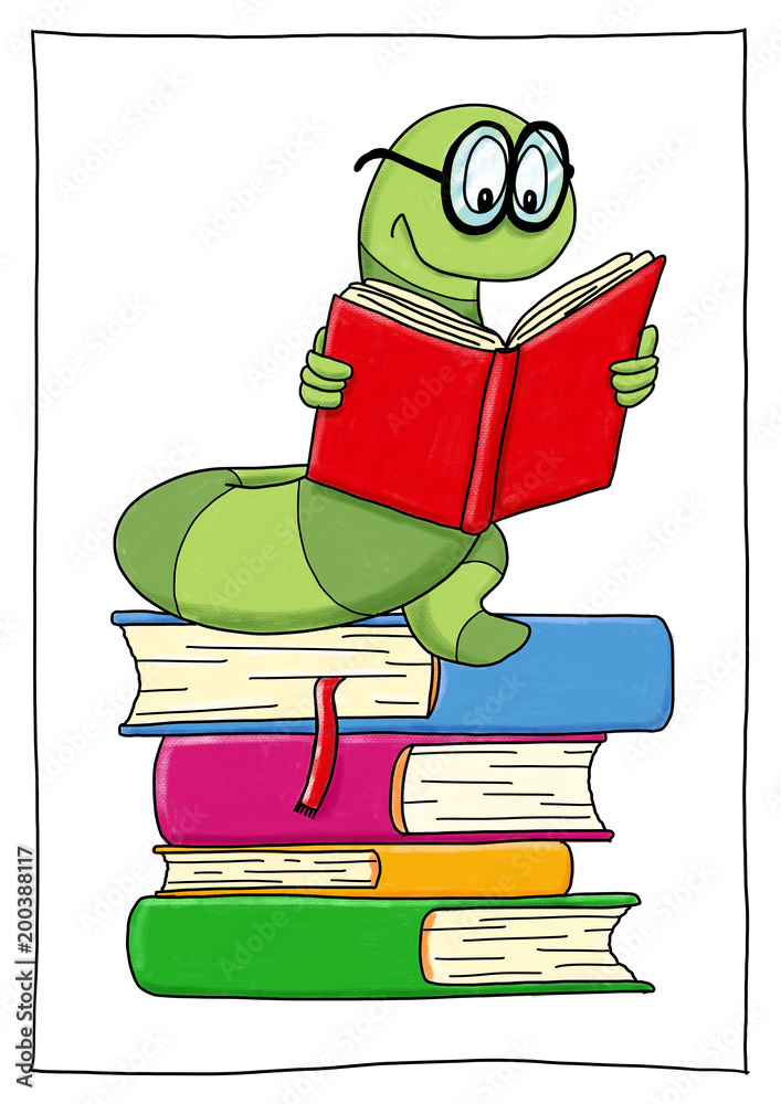 Ausmalbild Bücherwurm koloriert ilustração do Stock | Adobe Stock