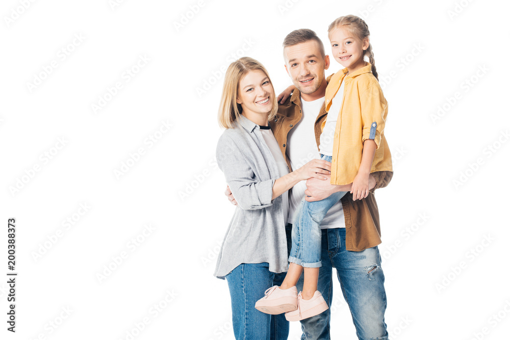 smiling man holding cute daughter with wife standing near by isolated on white smiling man holding cute daughter with wife standing near by isolated on white