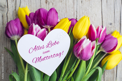 Greeting card - Pink and yellow tulips on a wooden background