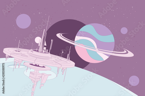 Fototapeta Naklejka Na Ścianę i Meble -  Space station in front orbiting alien moon on purple background