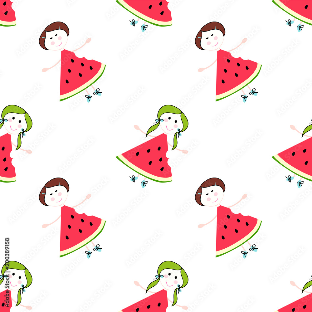 Seamless cute girl pattern with watermelon. Seamless cute girl pattern with watermelon.