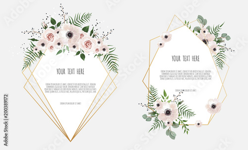 Set botanic card with wild flowers, leaves. Spring ornament concept. Floral poster, invite.