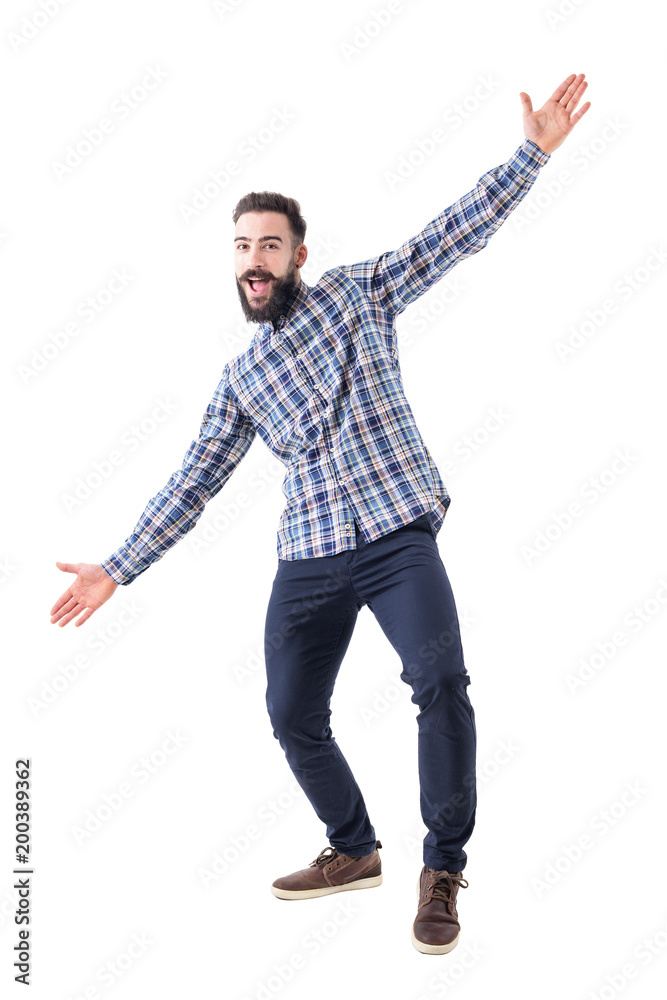 Cheerful excited bearded business man with open arms welcoming hugging gesture. Full body isolated on white background. Cheerful excited bearded business man with open arms welcoming hugging gesture. Full body isolated on white background.