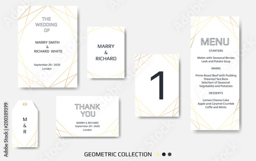 Wedding Invitation, invite card design with Geometrical art lines, gold foil border, frame.