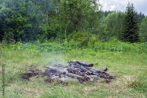 Burned bonfire on a green glade, among the forest.