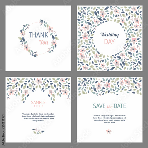 Set of cards with floral design elements. Wedding ornament concept. Vector layout decorative greeting card or invitation design background