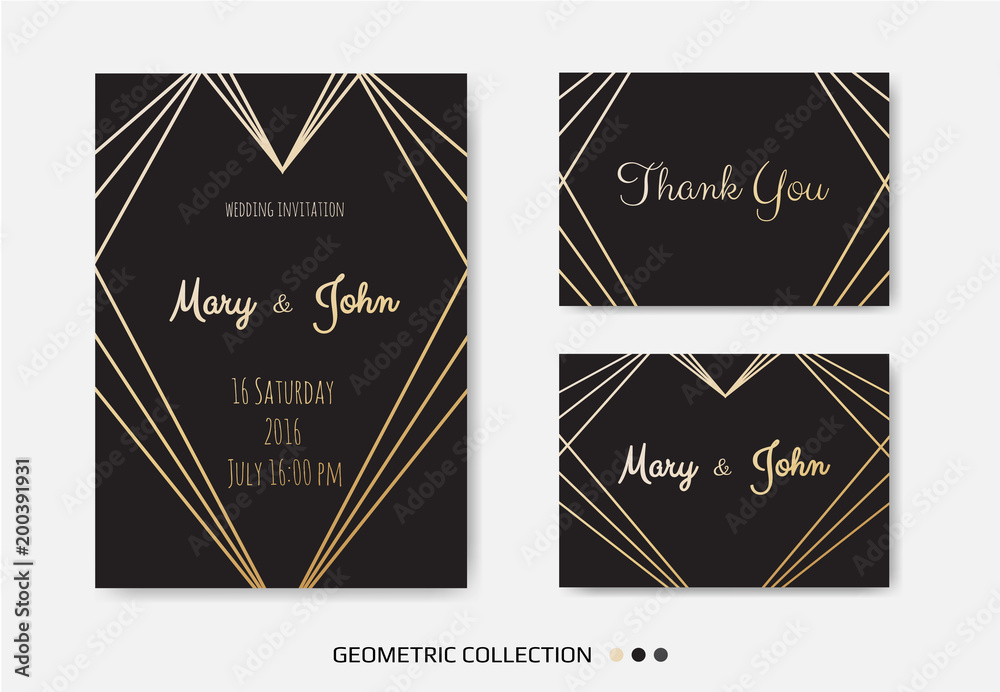 Wedding Invitation, invite card design with Geometrical art lines, gold foil border, frame.