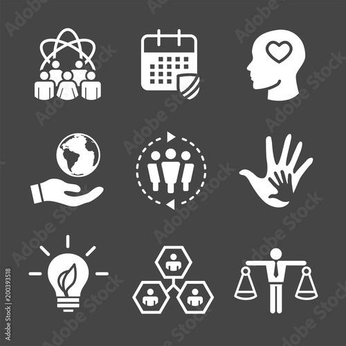 Social Responsibility Solid Icon Set w Honesty, integrity, & collaboration, etc