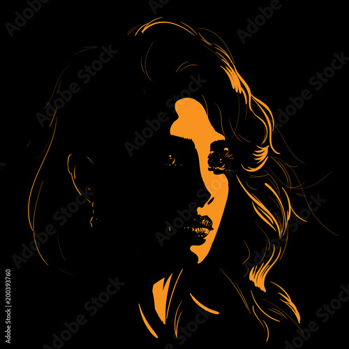 Woman face silhouette in backlight. Illustration.