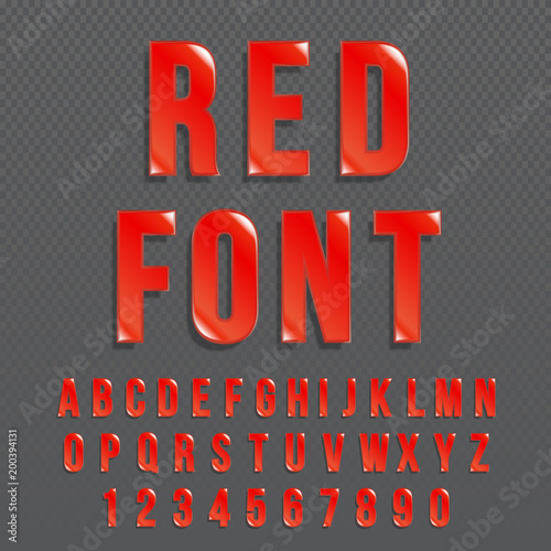 Red glossy vector font or red alphabet. Red colored typeface. Red colored alphabet typographic illustration.