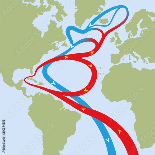 Gulf stream in atlantic ocean. Circular flows of red warm surface currents and blue cool deep-water currents that cause weather phenomena like hurricanes and is influential on the worlds climate. photo