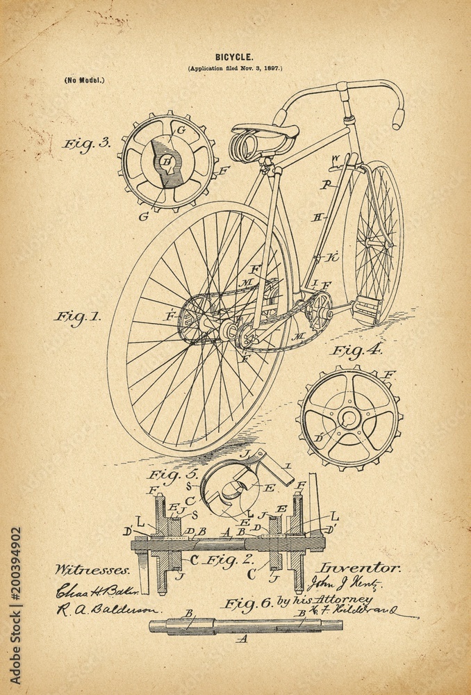1897 Patent Velocipede Bicycle history  invention - obrazy, fototapety, plakaty 