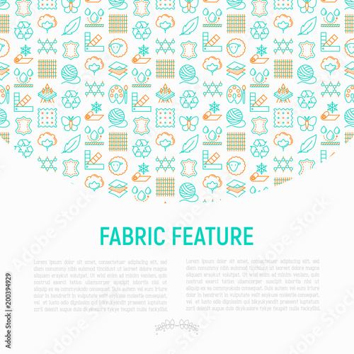 Fabric feature concept with thin line icons: leather, textile, cotton, wool, waterproof, acrylic, silk, eco-friendly material, breathable material. Modern vector illustration for banner, print media.