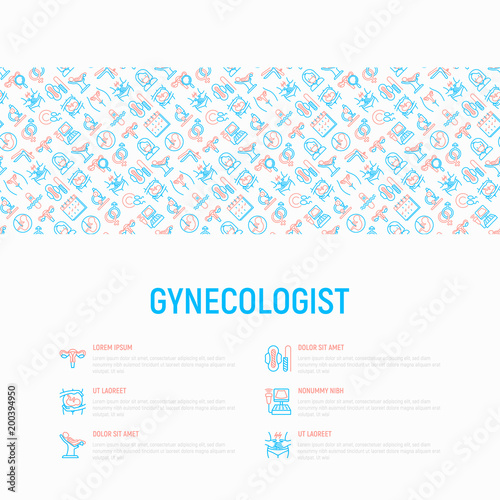Gynecologist concept with thin line icons: uterus, ovaries, gynecological chair, pregnancy, ultrasound, embryo, menstruation, ovulation, vaginal expander. Modern vector illustration.