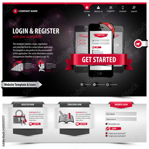 website template design containing web elements: header menu with flat icon set, footer tab form, layouts, banners, plugin apps, login, register symbols, 3d ribbons, buttons, eps10 vector illustration photo