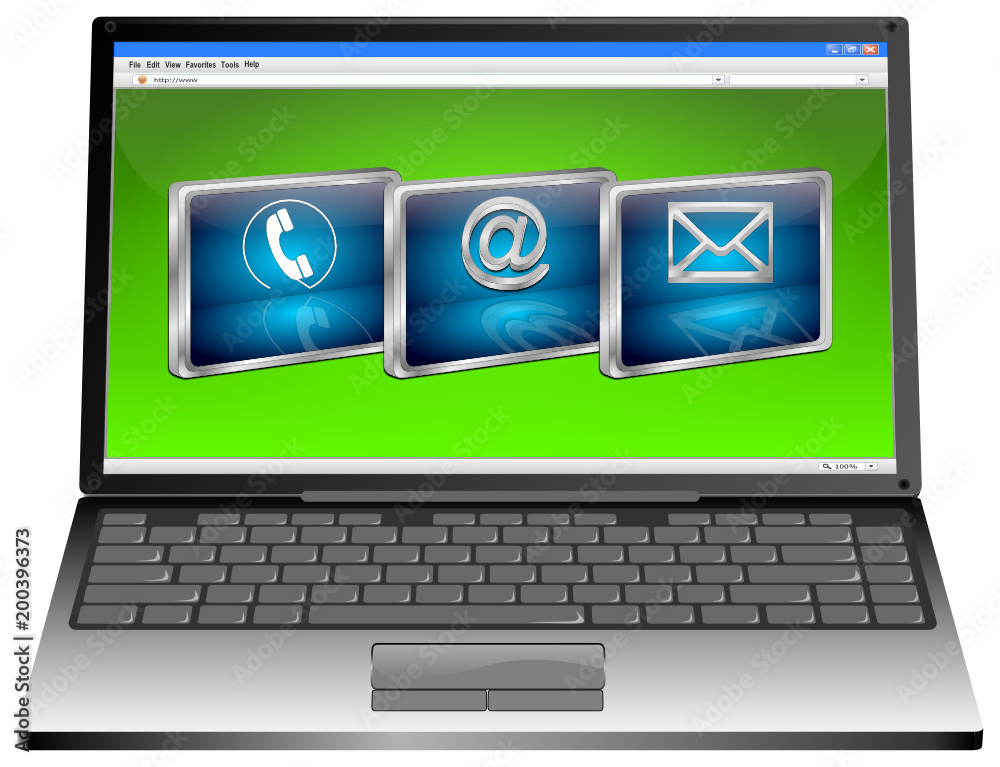 Laptop with contact us button - 3D illustration Laptop with contact us button - 3D illustration