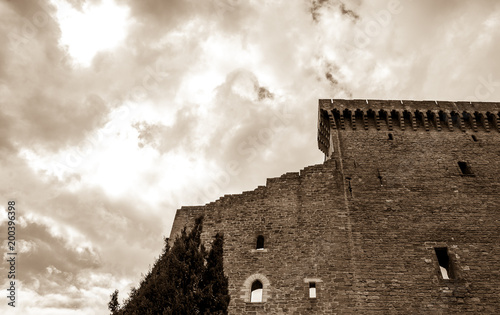 Ruins of the medieval castle and cypress tree before a storm. (Chateauneuf du Pape, Provence, France) Nature and architecture background. Sepia photo. photo