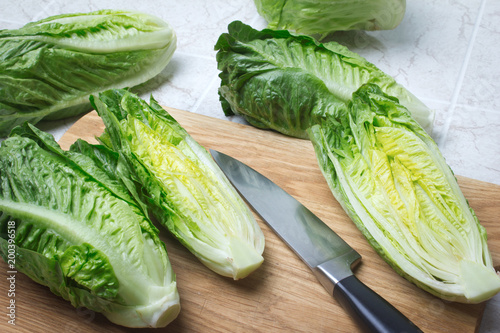 Romaine lettuce on kitchen board with knife photo