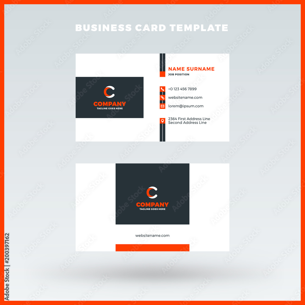 Creative and clean double-sided business card vector template. Red and black color theme. Flat design vector mockup. Stationery design Creative and clean double-sided business card vector template. Red and black color theme. Flat design vector mockup. Stationery design