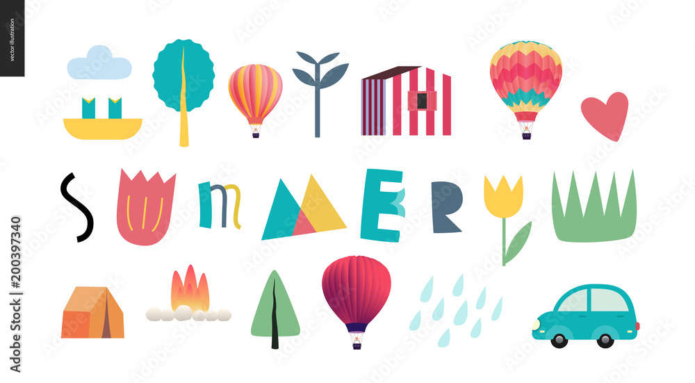 Summer lettering surrounded with traditional seasonal elements - camp vacation, car, sea coast Portuguese house, plants and hot balloons