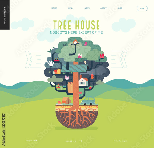 Tree house concept - a tree with houses, birds, nest, flowers and birdhouse on it, a car and tent with bonfire under it, and ground cut with soil layers and trees roots - summer camp vacation concept photo