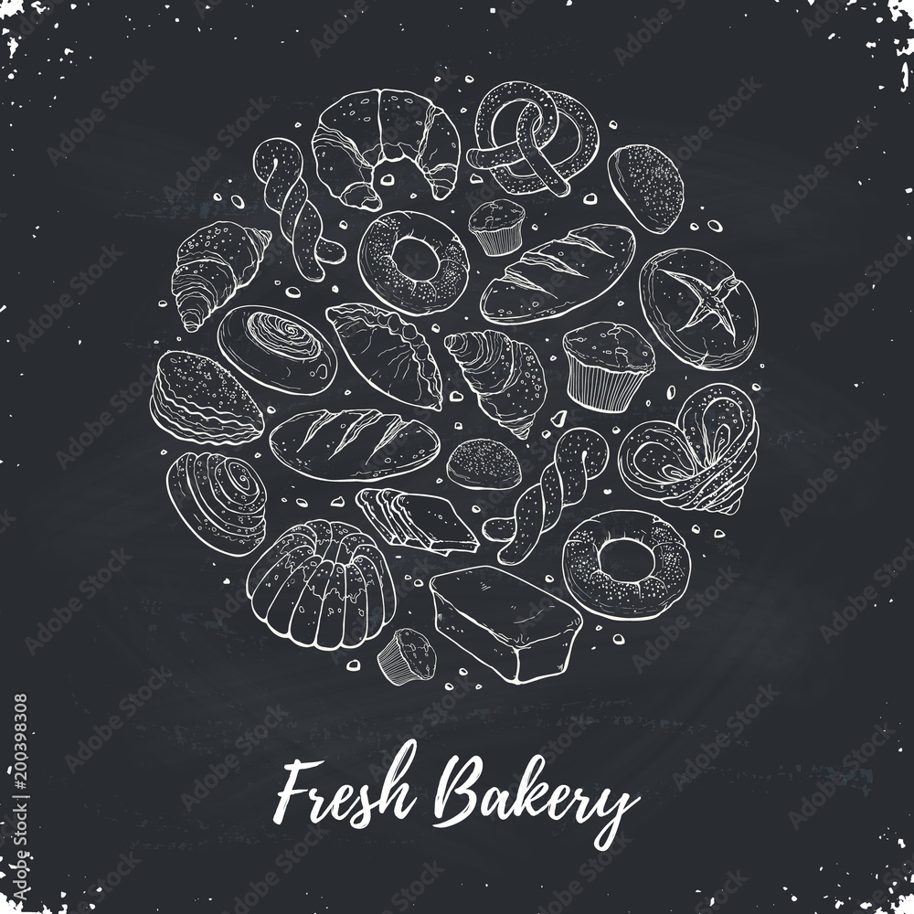 Circle shape composition from hand drawn bread in sketch style. Vector ...