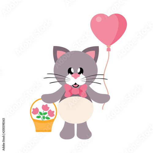 cartoon cute cat with tie and lovely balloons and basket