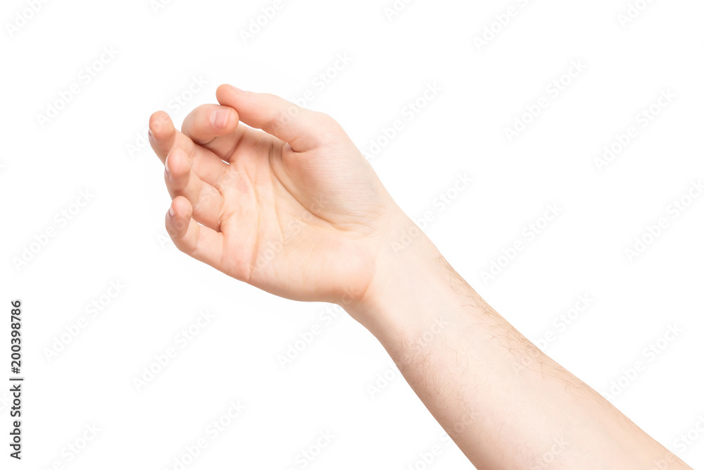 Closeup isolated male hand holding invisible object at white background. Closeup isolated male hand holding invisible object at white background.