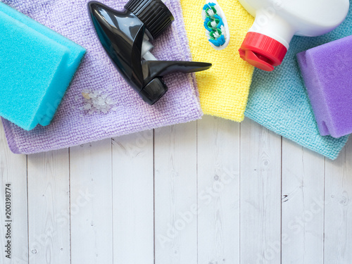 housework, housekeeping and household concept - cleaning stuff photo