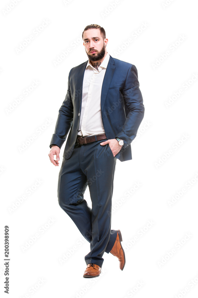 Vertical portrait of smart bearded businessman in suit isolated at white background. Vertical portrait of smart bearded businessman in suit isolated at white background.