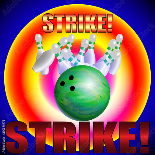 Bowling poster vector template. Bowling ball and skittles modern style illustration. Strike!