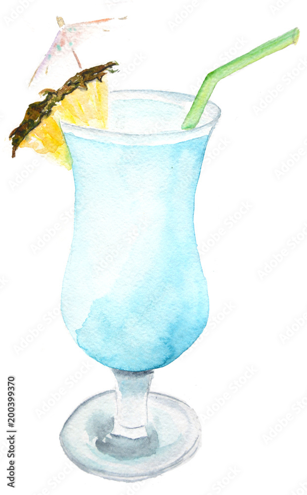 illustration of a blue tropical cocktail with a slice of pineapple and a paper umbrella on a white background illustration of a blue tropical cocktail with a slice of pineapple and a paper umbrella on a white background
