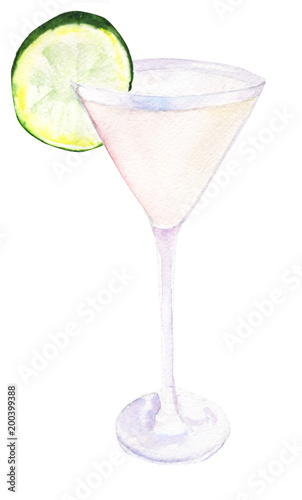 watercolor illustration of pink martini with lime