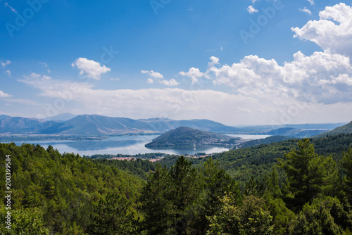 Panoramic view from mountain on the Kastoria town and neighborhood Orestias lake. Greece