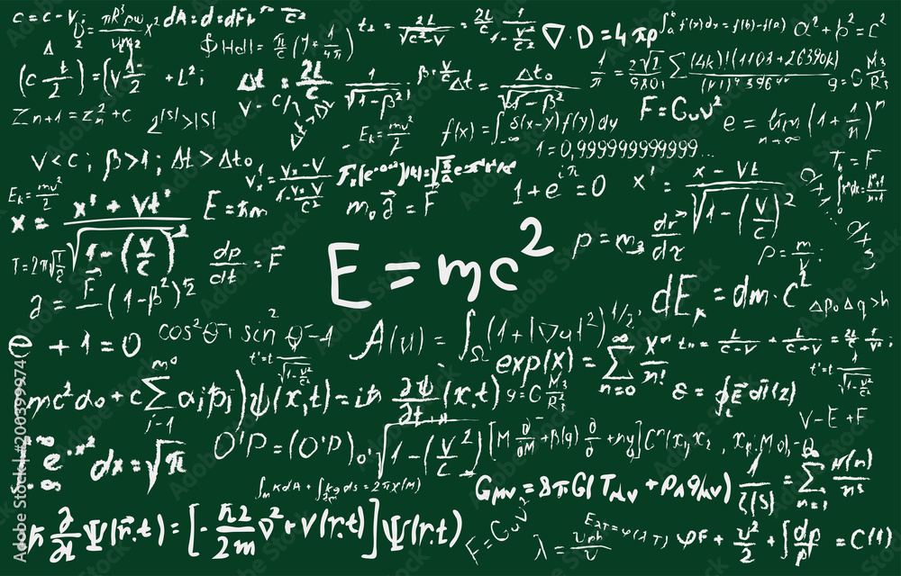 Blackboard inscribed with scientific formulas and calculations in physics and mathematics. Can illustrate scientific topics tied to quantum mechanics, relativity theory and any scientific calculations Blackboard inscribed with scientific formulas and calculations in physics and mathematics. Can illustrate scientific topics tied to quantum mechanics, relativity theory and any scientific calculations