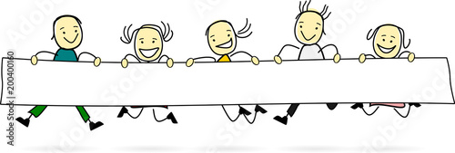 Springende Kinder halten ein Werbebanner