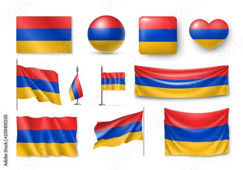 Set Armenia flags, banners, banners, symbols, flat icon. Vector illustration of collection of national symbols on various objects and state signs