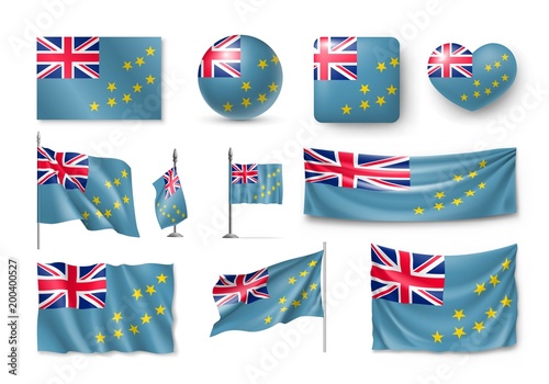 Set Tuvalu realistic flags, banners, banners, symbols, icon. Vector illustration of collection of national symbols on various objects and state signs