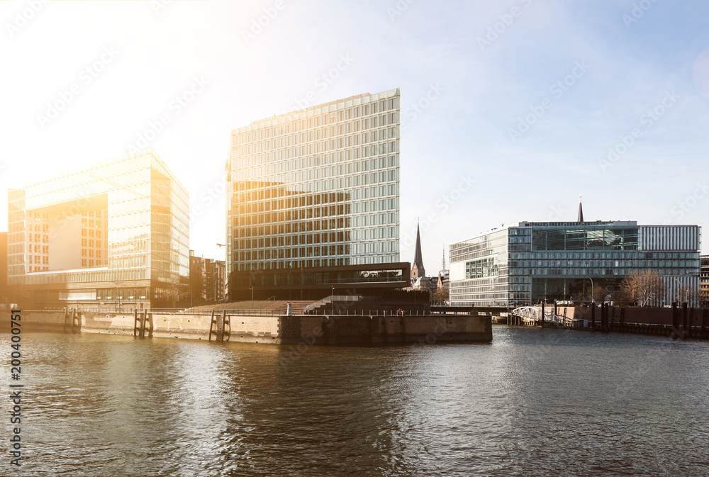 modern office buildings at Hafencity district in Hamburg, Germany on clear sunny day