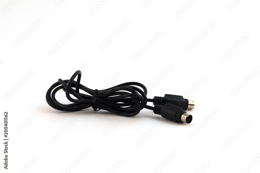 Black thin electric wire for connecting electronic devices with round metal contacts sockets on a white background. Black thin electric wire for connecting electronic devices with round metal contacts sockets on a white background.
