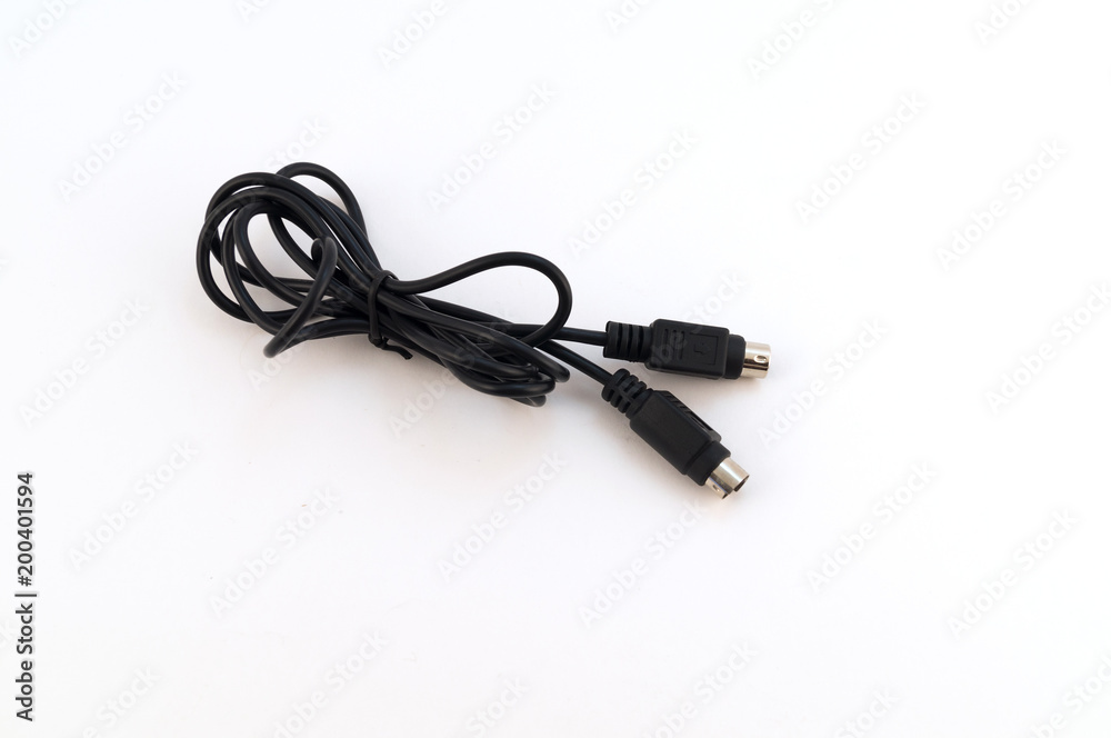 A black-tied thin wire for connecting computer devices with round contacts of analog type. A black-tied thin wire for connecting computer devices with round contacts of analog type.