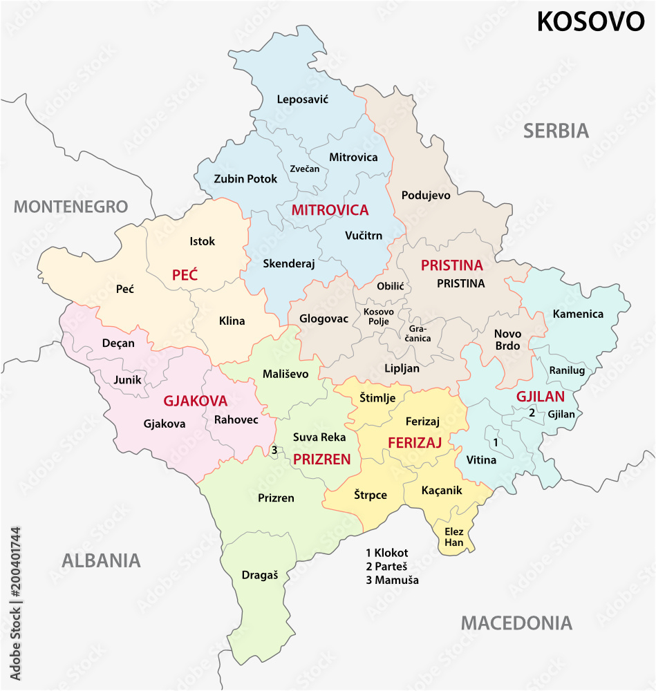 kosovo administrative and political vector map
