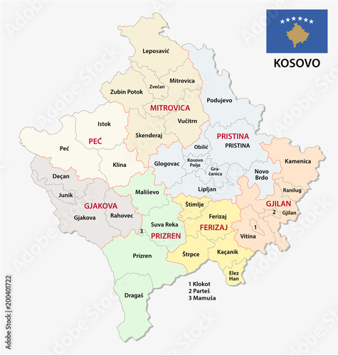 kosovo administrative and political vector map with flag